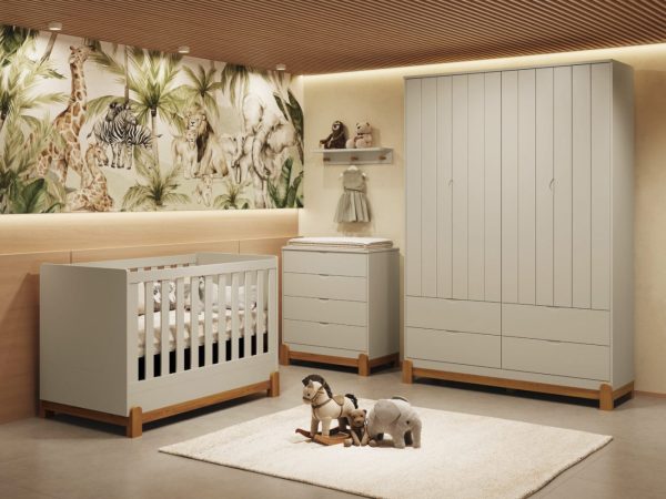 Quarto de Bebê Lótus Reller | Guarda-Roupa 4 Portas, Cômoda e Berço - Areia Fosco