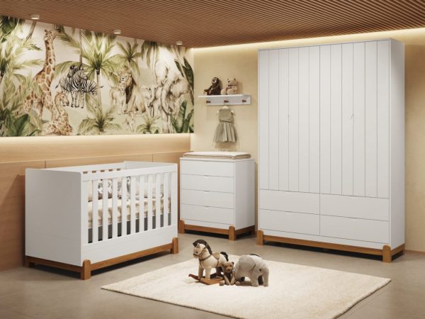 Quarto de Bebê Lótus Reller | Guarda-Roupa 4 Portas, Cômoda e Berço - Branco Fosco