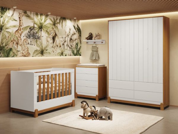 Quarto de Bebê Lótus Reller | Guarda-Roupa 4 Portas, Cômoda e Berço- Branco Fosco com Savana