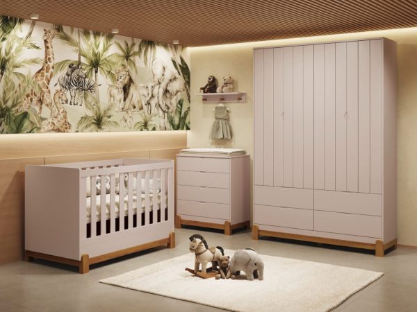 Quarto de Bebê Lótus Reller | Guarda-Roupa 4 Portas, Cômoda e Berço - Rosa Fosco