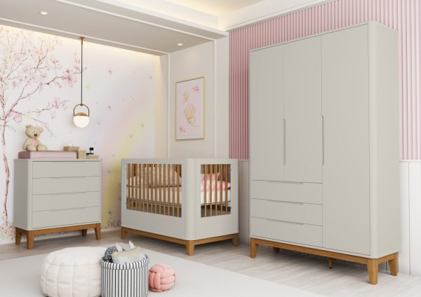 Quarto de Bebê Boom Slim Classic | Guarda-Roupa 3 Portas, Cômoda e Berço Reller - Areia Fosco