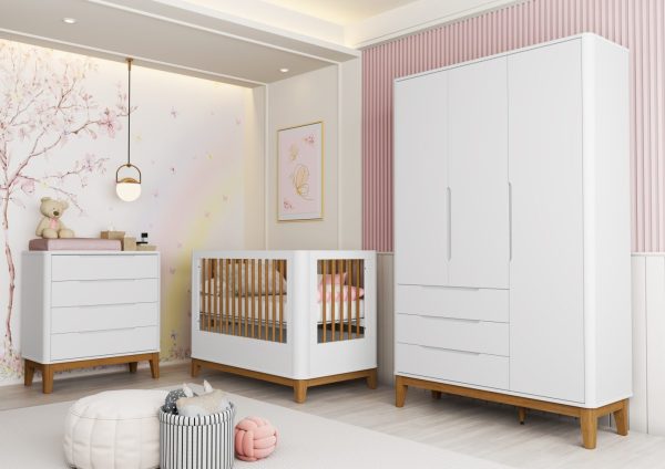 Quarto de Bebê Boom Slim Classic | Guarda-Roupa 3 Portas, Cômoda e Berço Reller - Branco Fosco