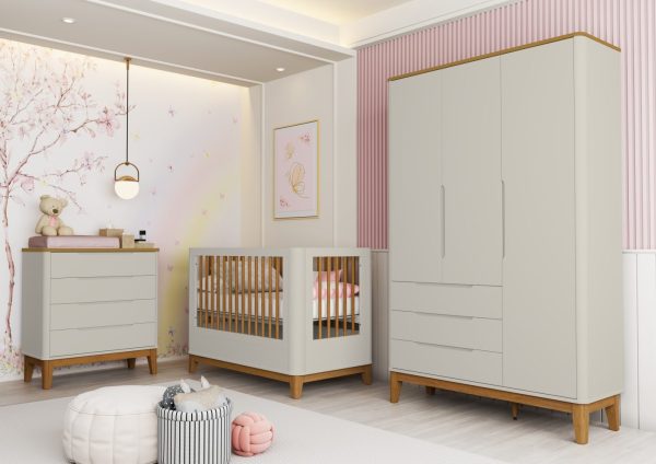 Quarto de Bebê Boom Slim Classic| Guarda-Roupa 3 Portas, Cômoda e Berço Reller - Areia Fosco Com Savana