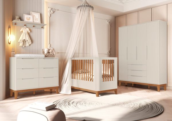 Quarto de Bebê Boom Slim Classic | Guarda-Roupa 4 Portas, Cômoda e Berço Reller - Areia Fosco