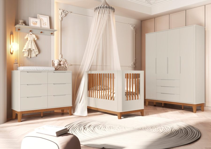 Quarto de Bebê Boom Slim Classic Guarda-Roupa 4 Portas, Cômoda e Berço Reller - Areia Fosco yasminbaby