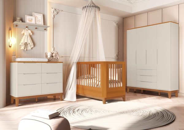 Quarto de Bebê Boom Slim Classic | Guarda-Roupa 4 Portas, Cômoda e Berço Reller - Areia Fosco Com Savana