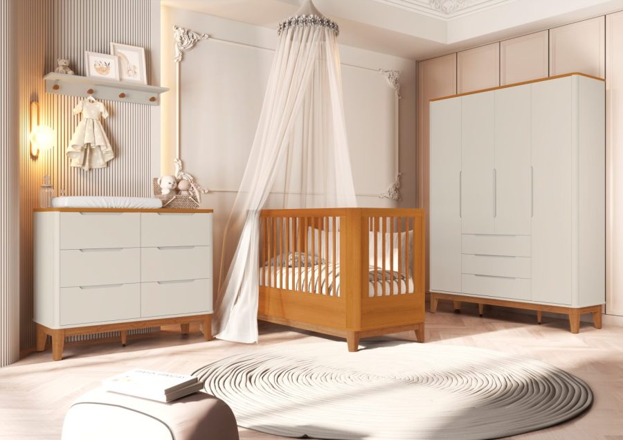 Quarto de Bebê Boom Slim Classic Guarda-Roupa 4 Portas, Cômoda e Berço Reller - Areia com Savana yasminbaby