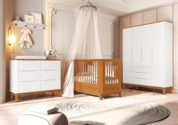 Quarto de Bebê Boom Slim Classic | Guarda-Roupa 4 Portas, Cômoda e Berço Reller- Branco Fosco Com Savana