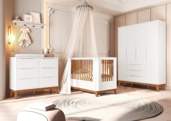 Quarto de Bebê Boom Slim Classic | Guarda-Roupa 4 Portas, Cômoda e Berço Reller - Branco Fosco
