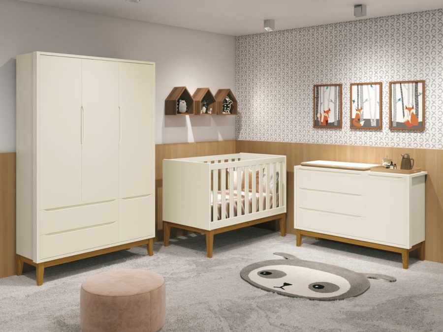 Quarto de Bebê Classic Reller Guarda-Roupa 3 Portas, Cômoda e Berço - Areia Fosco yasmin baby