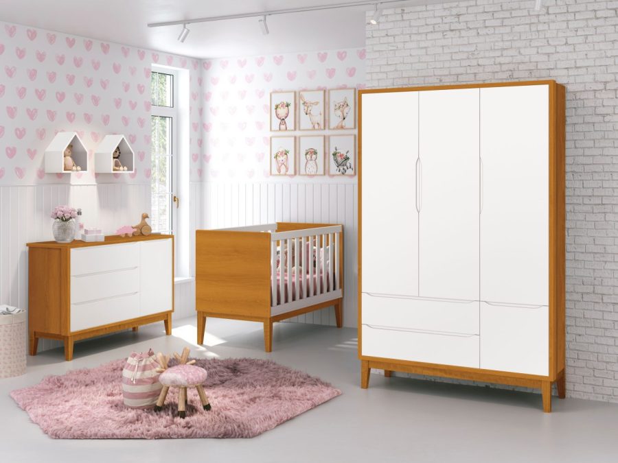 Quarto de Bebê Classic Reller Guarda-Roupa 3 Portas, Cômoda e Berço - Branco Fosco com Savana yasmin baby