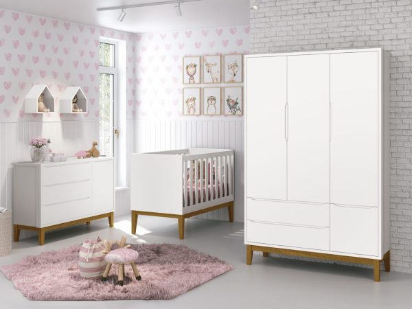 Quarto de Bebê Classic Reller | Guarda-Roupa 3 Portas, Cômoda e Berço - Branco Fosco