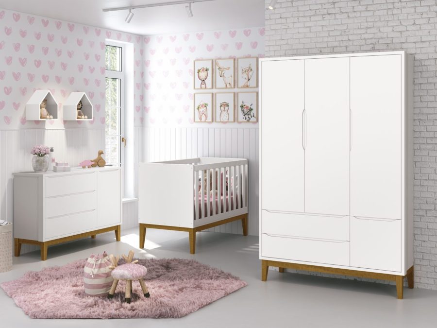 Quarto de Bebê Classic Reller Guarda-Roupa 3 Portas, Cômoda e Berço - Branco Fosco yasmin baby