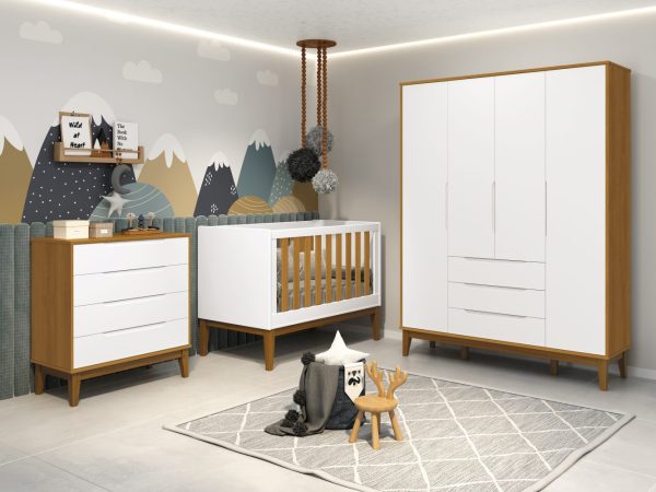 Quarto de Bebê Elfe Classic Reller | Guarda-Roupa 4 Portas, Cômoda e Berço Noah - Branco Fosco com Savana