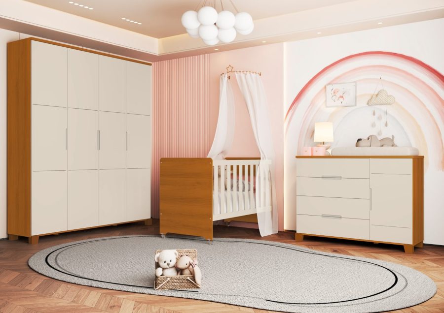 Quarto de Bebê Luna Max Reller Guarda-Roupa 4 Portas, Cômoda e Berço Evolutivo- Areia Fosco Com Savana yasmin baby