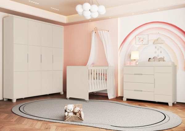 Quarto de Bebê Luna Max Reller | Guarda-Roupa 4 Portas, Cômoda e Berço Evolutivo - Areia Fosco