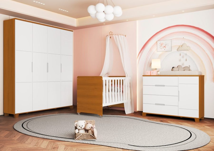 Quarto de Bebê Luna Max Reller Guarda-Roupa 4 Portas, Cômoda e Berço Evolutivo - Branco Fosco Com Savana yasmin baby