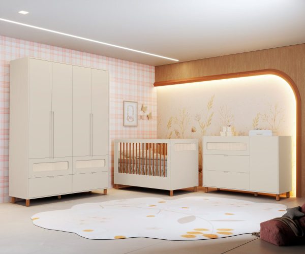 Quarto de Bebê Ollie Reller | Guarda-Roupa 4 Portas, Cômoda e Berço - Areia Fosco