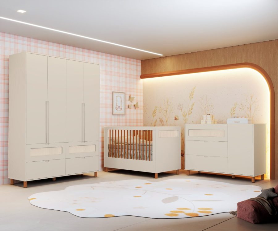 Quarto de Bebê Ollie Reller Guarda-Roupa 4 Portas, Cômoda e Berço - Areia Fosco Yasmin Baby