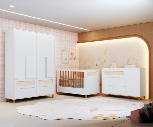Quarto de Bebê Ollie Reller | Guarda-Roupa 4 Portas, Cômoda e Berço - Branco Fosco
