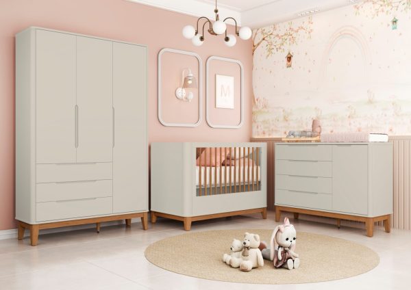 Quarto de Bebê Boom Plus Classic | Guarda-Roupa 3 Portas, Cômoda e Berço Reller - Areia Fosco