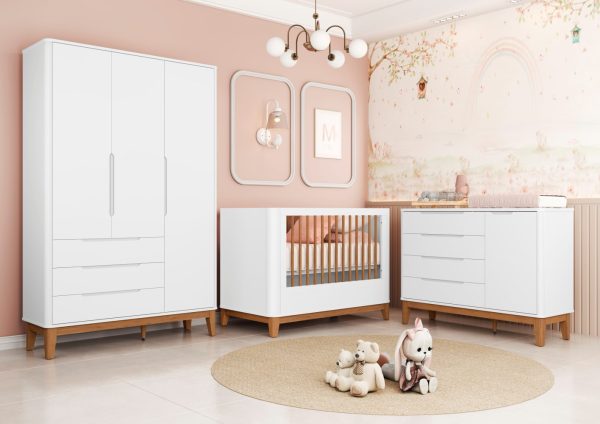 Quarto de Bebê Boom Plus Classic | Guarda-Roupa 3 Portas, Cômoda e Berço Reller - Branco Fosco