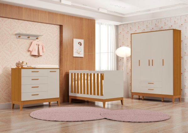 Quarto de Bebê Flip Reller | Guarda-Roupa 4 Portas, Cômoda e Berço - Areia Fosco Com Savana
