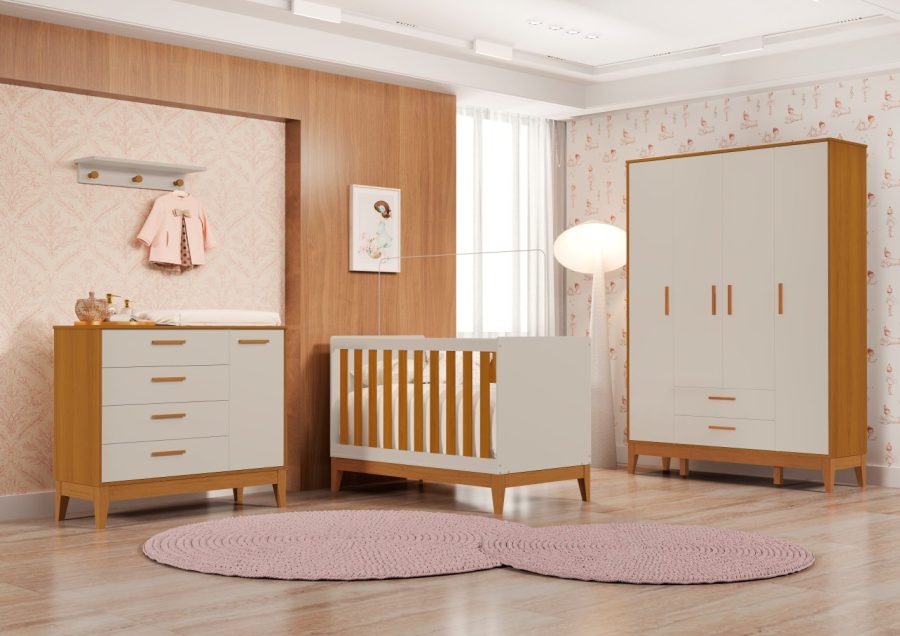 Quarto de Bebê Flip Reller Guarda-Roupa 4 Portas, Cômoda e Berço - Areia Fosco Com Savana yasminbaby