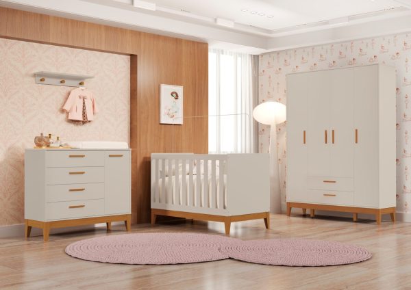 Quarto de Bebê Flip Reller | Guarda-Roupa 4 Portas, Cômoda e Berço - Areia Fosco