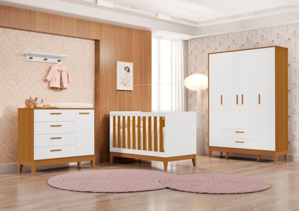 Quarto de Bebê Flip Reller | Guarda-Roupa 4 Portas, Cômoda e Berço - Branco Fosco Com Savana