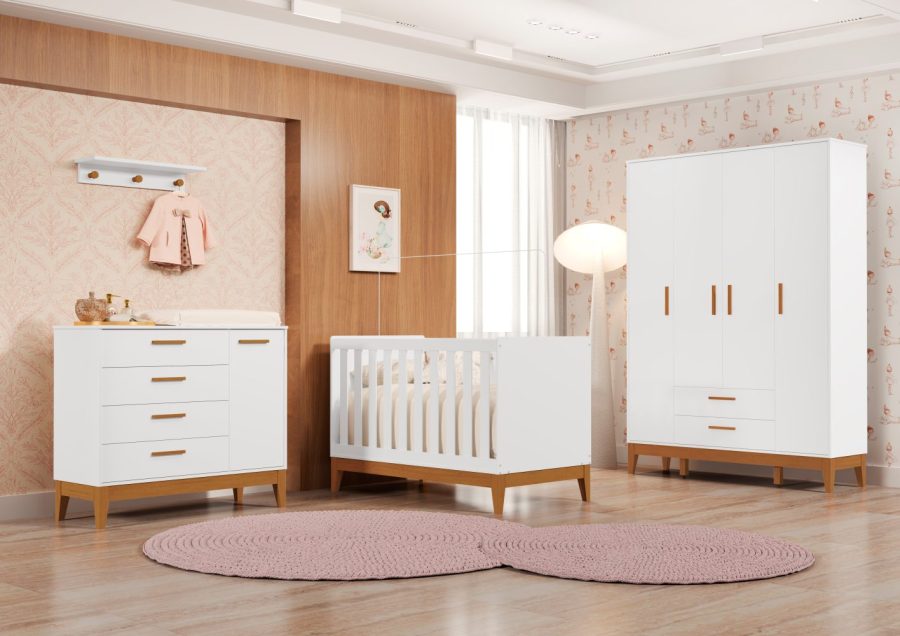 Quarto de Bebê Flip Reller Guarda-Roupa 4 Portas, Cômoda e Berço - Branco Fosco yasminbaby