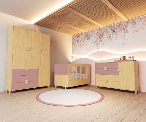 Quarto de Bebê Gracia Reller | Guarda-Roupa 3 Portas, Cômoda e Berço - Rosê Naturale