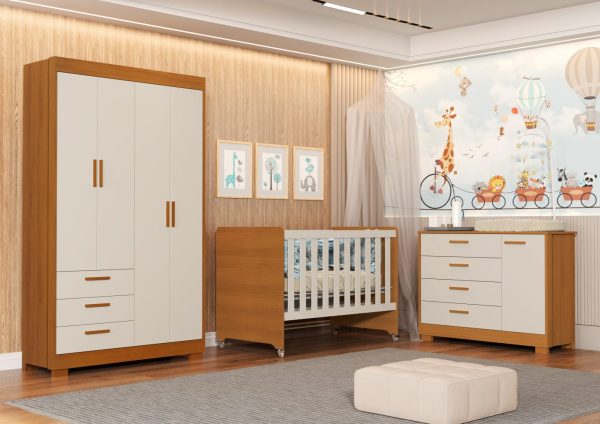 Quarto de Bebê Zaki Reller | Guarda-Roupa 4 Portas, Cômoda e Berço Evolutivo - Areia Fosco Com Savana