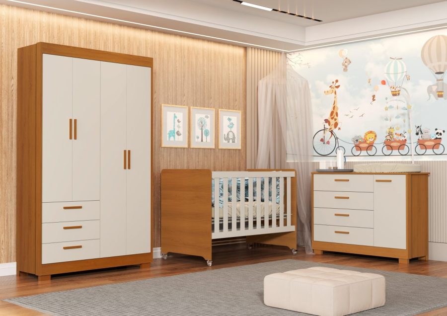 Quarto de Bebê Zaki Reller Guarda-Roupa 3 Portas, Cômoda e Berço Evolutivo - Areia Fosco Com Savana yasminbaby