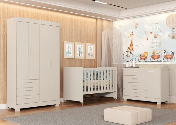 Quarto de Bebê Zaki Reller | Guarda-Roupa 4 Portas, Cômoda e Berço Evolutivo - Areia Fosco