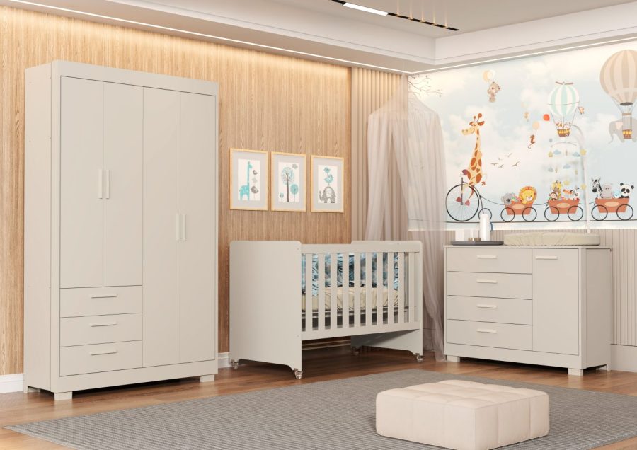 Quarto de Bebê Zaki Reller Guarda-Roupa 4 Portas, Cômoda e Berço Evolutivo - Areia Fosco yasmin-baby
