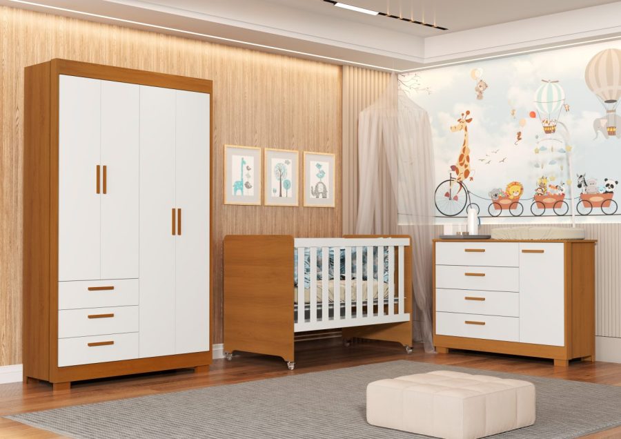 Quarto de Bebê Zaki Reller Guarda-Roupa 4 Portas, Cômoda e Berço Evolutivo - Branco Fosco Com Savana yasmin baby