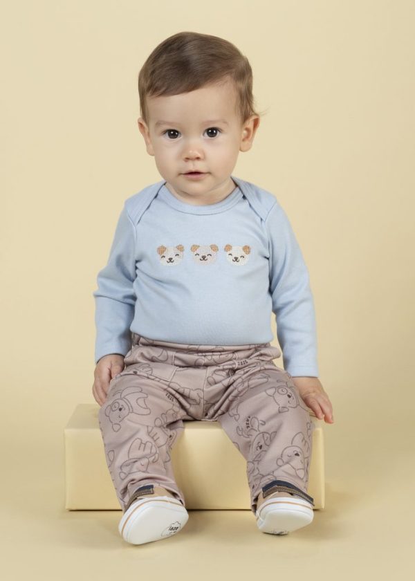 Conjunto Bebê Body Azul Bordado Cachorrinhos Com Calça Bege