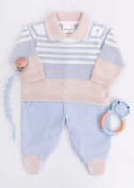 Macacão Bebê em Tricot e Suedine Azul com Listras