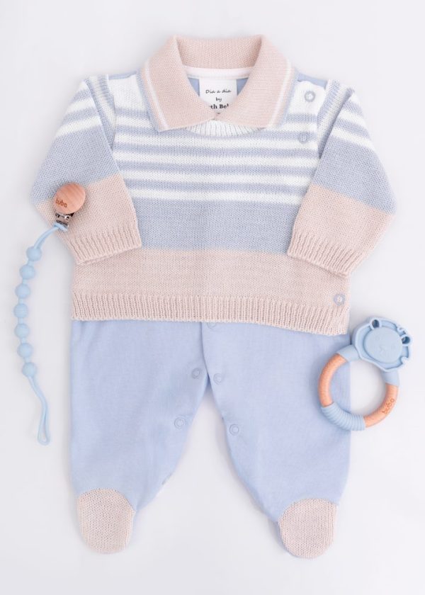 Macacão Bebê em Tricot e Suedine Azul com Listras