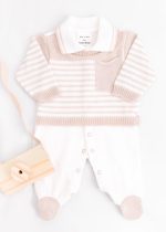 Macacão Bebê em Tricot e Suedine Bege Com Off White