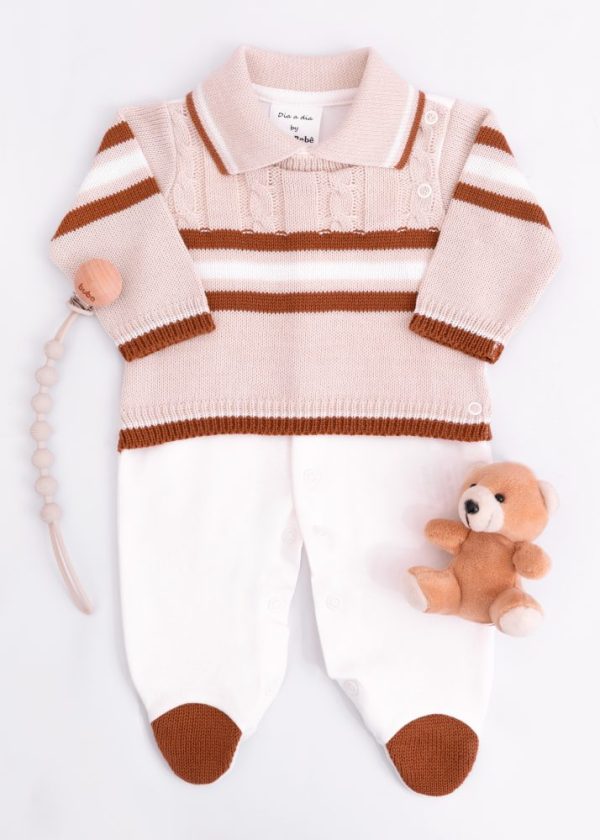 Macacão Bebê em Tricot e Suedine Caramelo com Bege