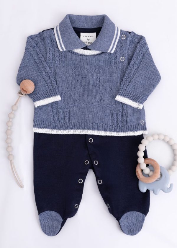 Macacão Bebê em Tricot e Suedine Marinho