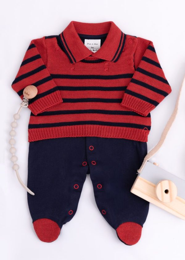 Macacão Bebê em Tricot e Suedine Vermelho com Marinho
