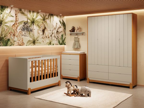Quarto de Bebê Lótus Reller | Guarda-Roupa 4 Portas, Cômoda e Berço - Areia Fosco Com Savana