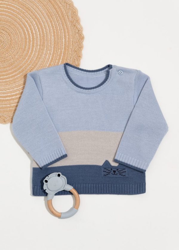 Blusa Suéter Bebê Azul com Barra Bordado de Gatinho