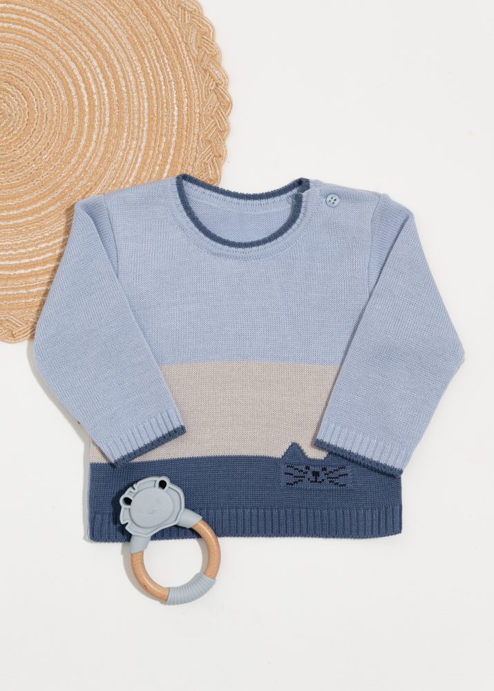 Blusa Suéter Bebê Azul com Barra Bordado de Gatinho