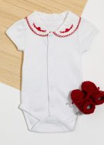 Body Bebê Branco em Suedine Com Gola Bordada Floral