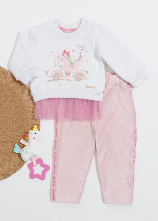 Conjunto Bebê Moletom Bordado Dino Rosa Com Calça Veludo