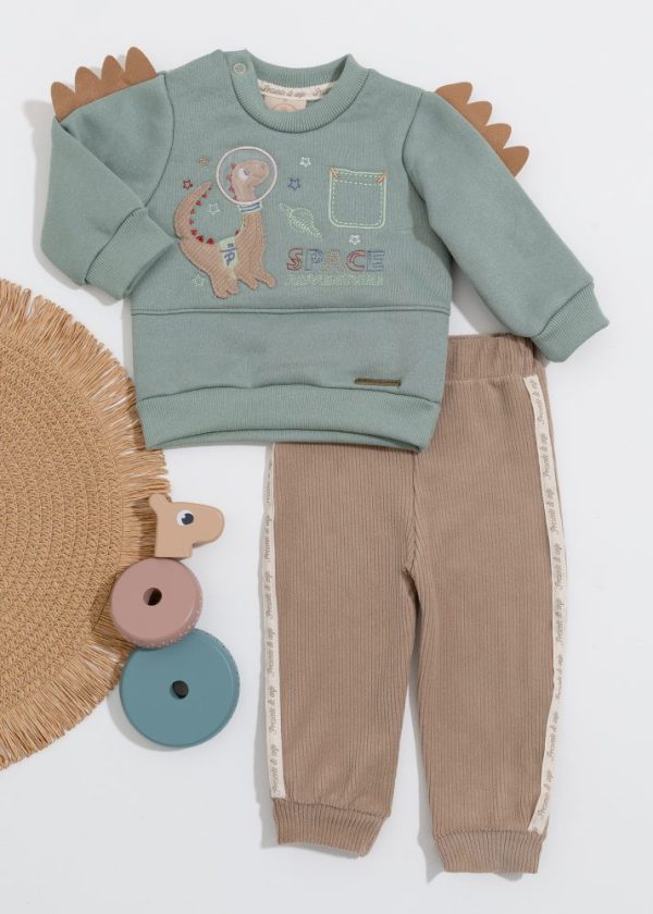 Conjunto Bebê Moletom Bordado Dino Space Com Calça Veludo